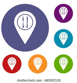 Map pin pointer with cafe or restaurant sign icons set