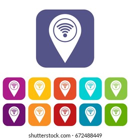 Map pin pointer with wi fi symbol icons set vector illustration in flat style In colors red, blue, green and other
