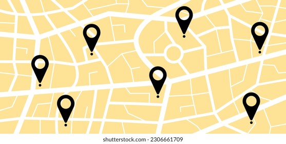 Mapa de dibujos animados con icono de punteros. Navegación o navegador, mapas, ruta, flecha de dirección. Marca de puntos Pins. Ruta de senderismo por punteros o puntos. seguimiento en trace city, street map. Marcadores, idea de localizador de mapas.