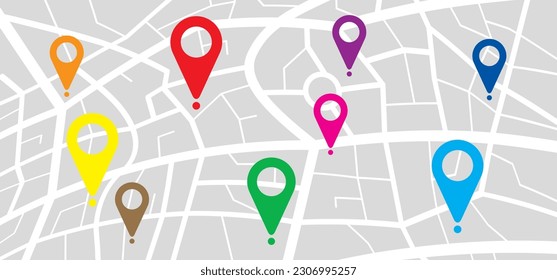 Map with pin pointers icon. Navigation or navigator, maps, road, direction arrow. Pins, points mark. Pointer or point trekking route. track en trace city, street map. Markers, map locator, urban.