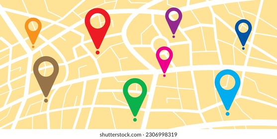 Map with pin pointers icon. Navigation or navigator, maps, road, direction arrow. Pins, points mark. Pointer or point trekking route. track en trace city, street map. Markers, map locator, urban.