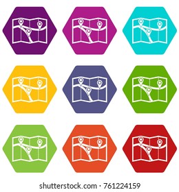 Map with pin pointers icon set many color hexahedron isolated on white vector illustration