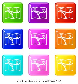 Map with pin pointers icons of 9 color set isolated vector illustration