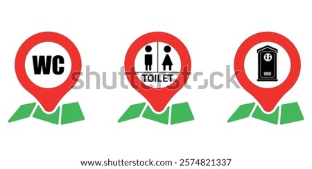 Map pin of portable toilet. A vector design of a red portable public toilet icon sign for a map. Icon set of map pointer for public toilet