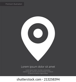 map pin premium illustration icon, isolated, white on dark background, with text elements 