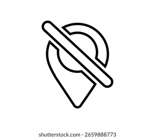Señal prohibida del pin del mapa, ninguna señal lineal del pin de la ubicación, señal prohibida de la posición del GPS. No se permite la ubicación del letrero, mapa pin prohibición símbolo Vector diseño e ilustración.