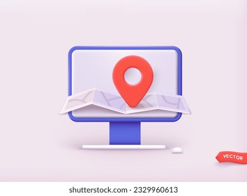 Map with pin. Red direction pointer on folded city map, gps navigation and travel location.  3D Web Vector Illustrations.