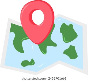 Map with pin. Red direction pointer on folded city map, gps navigation and travel locati on vector position search sticker 3d icon