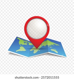 Map with pin. Red direction pointer on folded city map, gps navigation and travel location vector position search sticker 3d icon