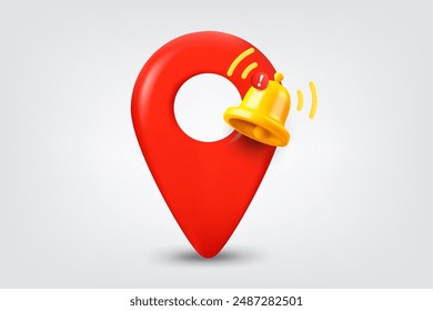 Map pin with ringing bell. Vector 3d illustration 