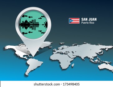 Map pin with San Juan skyline - vector illustration