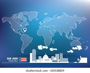 Map pin with San Juan skyline - vector illustration