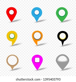 Map pin set with shadow on transparent background. Location multicolored pins collection. Navigation mark pointer sign