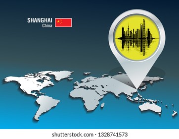 Map pin with Shanghai skyline - vector illustration