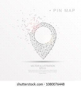 Map pin shape point, line and composition digitally drawn in the form of broken a part triangle shape and scattered dots low poly wire frame on white background.