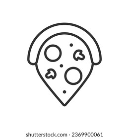 Map pin shaped pizza, linear icon. Delivery. Pizzeria. Line with editable stroke