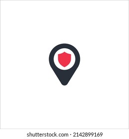Map pin with shield icon. Shield location. Security shield icon. shield with location symbol. Concept of location security. Vector illustration, vector icon concept. stock illustration