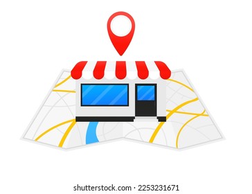 Map with pin shop. Gps navigation and place of movement. We have moved the new location of the office icon. Address of movement, change of location, advertisement, business. Vector illustration