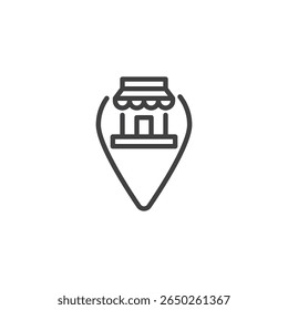 Map pin shopping line icon in outline style. Represents store location or retail map marker. A perfect symbol icon for navigation and commerce.