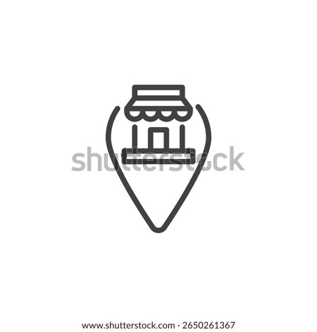Map pin shopping line icon in outline style. Represents store location or retail map marker. A perfect symbol icon for navigation and commerce.
