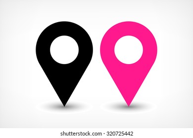 Map pin sign location icon with ellipse gray gradient shadow in flat simple style. Black and pink color rounded shapes isolated on white background. Vector illustration web design element 8 EPS