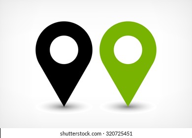 Icono de ubicación de signo de pin de mapa con sombra de degradado gris elipse en estilo plano simple. Formas redondeadas de color negro y verde aisladas sobre fondo blanco. Elemento de Diseño web de Ilustración vectorial 8 EPS