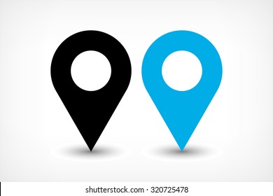 Map pin sign location icon with ellipse gray gradient shadow in flat simple style. Black and blue color rounded shapes isolated on white background. Vector illustration web design element 8 EPS