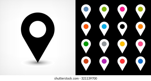 Map pin sign location icon with drop shadow in flat simple style. White, blue, cobalt, yellow, green, red, magenta, orange, pink, violet, purple, gray, brown shapes on black background. Vector 8 EPS