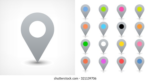 Map Pin Sign Location Icon With Drop Shadow In Flat Simple Style. Gray, Black, Blue, Cobalt, Yellow, Green, Red, Magenta, Orange, Pink, Violet, Purple, Brown Shapes On White Background. Vector 8 EPS