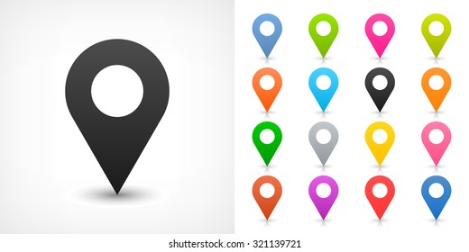 Map Pin Sign Location Icon With Drop Shadow In Flat Simple Style. Black, Blue, Cobalt, Yellow, Green, Red, Magenta, Orange, Pink, Violet, Purple, Gray, Brown Shapes On White Background. Vector 8 EPS