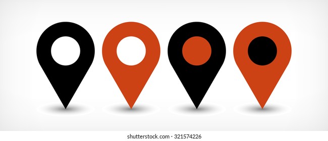Map pin sign location icon with gray shadow in flat simple style. Four variants in two color black and brown rounded shapes isolated on white background. Vector illustration web design element 8 EPS
