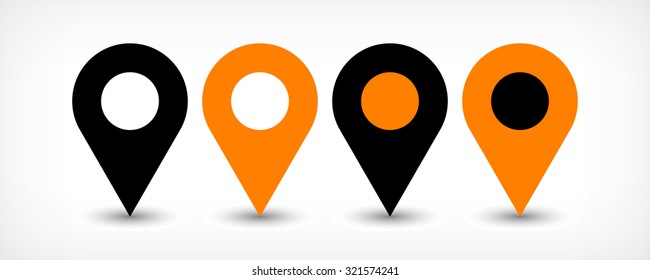 Map pin sign location icon with gray shadow in flat simple style. Four variants in two color black and orange rounded shapes isolated on white background. Vector illustration web design element 8 EPS