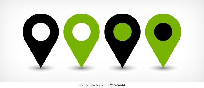 Map pin sign location icon with gray shadow in flat simple style. Four variants in two color black and green rounded shapes isolated on white background. Vector illustration web design element 8 EPS