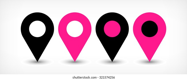 Map pin sign location icon with gray shadow in flat simple style. Four variants in two color black and pink rounded shapes isolated on white background. Vector illustration web design element 8 EPS
