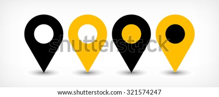 Map pin sign location icon with gray shadow in flat simple style. Four variants in two color black and yellow rounded shapes isolated on white background. Vector illustration web design element 8 EPS