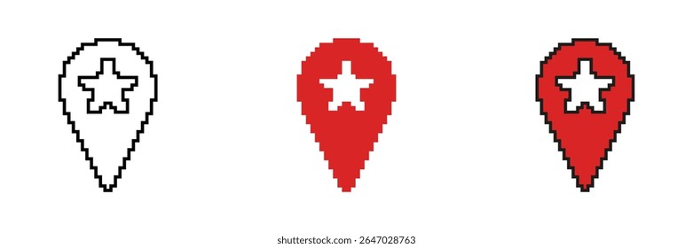 Map Pin With Star Icon Set. Location Marker With Star Symbol For Favorite Places And Navigation. Pixel Art Style For Maps And Gps Applications. Isolated Vector Illustration.