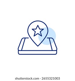 Mapa pin con estrella en el teléfono. Registro de miembro VIP. Ubicación de Premium, lugares favoritos guardados. Icono de Vector de trazo perfecto y editable