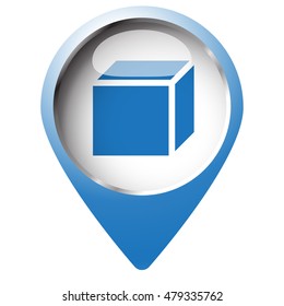 Map pin symbol with 3D Box icon. Blue symbol on white background.
