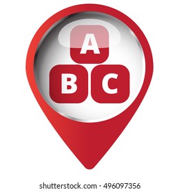 Map pin symbol with Abc Blocks icon. Red symbol on white background.