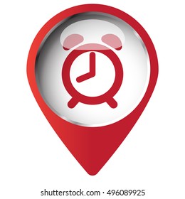 Map pin symbol with Alarm Clock icon. Red symbol on white background.