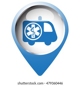 Map pin symbol with Ambulance icon. Blue symbol on white background.