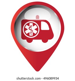 Map pin symbol with Ambulance icon. Red symbol on white background.