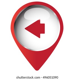Map pin symbol with Arrow Left icon. Red symbol on white background.