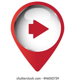 Map pin symbol with Arrow Right icon. Red symbol on white background.