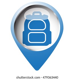 Map pin symbol with Backpack icon. Blue symbol on white background.