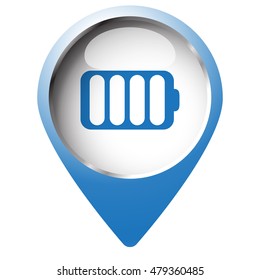 Map pin symbol with Battery icon. Blue symbol on white background.