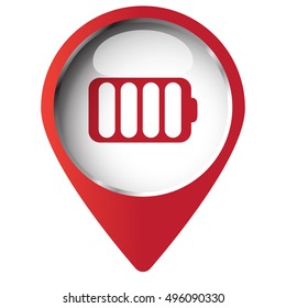 Map pin symbol with Battery icon. Red symbol on white background.