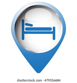 Map pin symbol with Bed icon. Blue symbol on white background.
