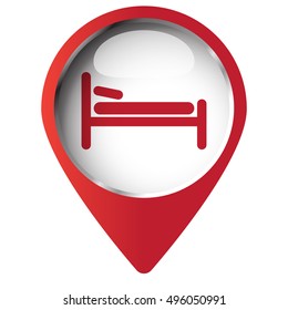 Map pin symbol with Bed icon. Red symbol on white background.