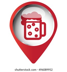 Map pin symbol with Beer icon. Red symbol on white background.